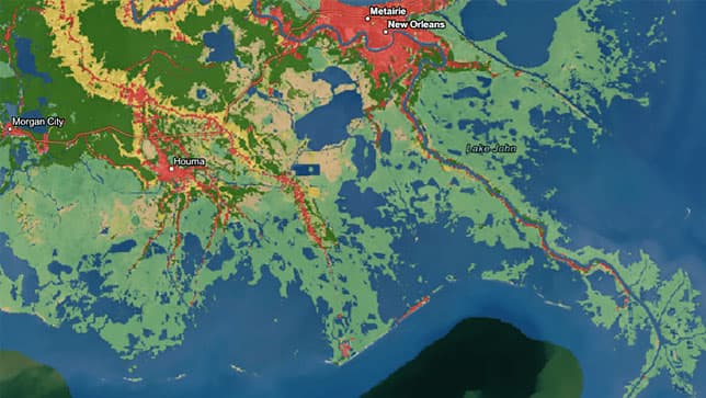Um mapa que mostra quantas áreas do sul dos Estados Unidos serão afetadas pelo aumento do nível do mar