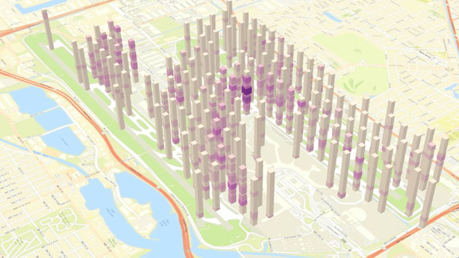 A análise de cubo 3D da densidade de detritos que crescem ou diminuem relacionados a determinados eventos fornece inteligência de localização