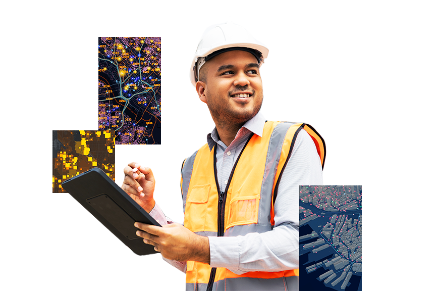 Um homem com colete laranja e capacete branco segurando um tablet com uma imagem inserida de um mapa com pontos de dados amarelos
