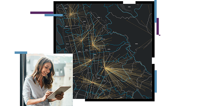 Map with lines coming out of dots, woman looking at a tablet