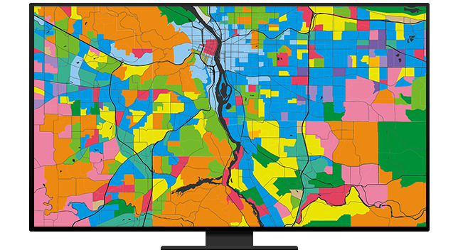 Map with parcels shaded orange, blue, yellow, and red