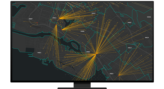 Map with multiple lines radiating out of dots