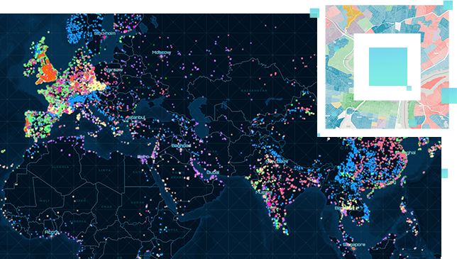 A dark blue and black map of Africa, Europe, and Asia, with many brightly colored dots marking various regions, overlayed with a multicolored pastel square graphic on the top right