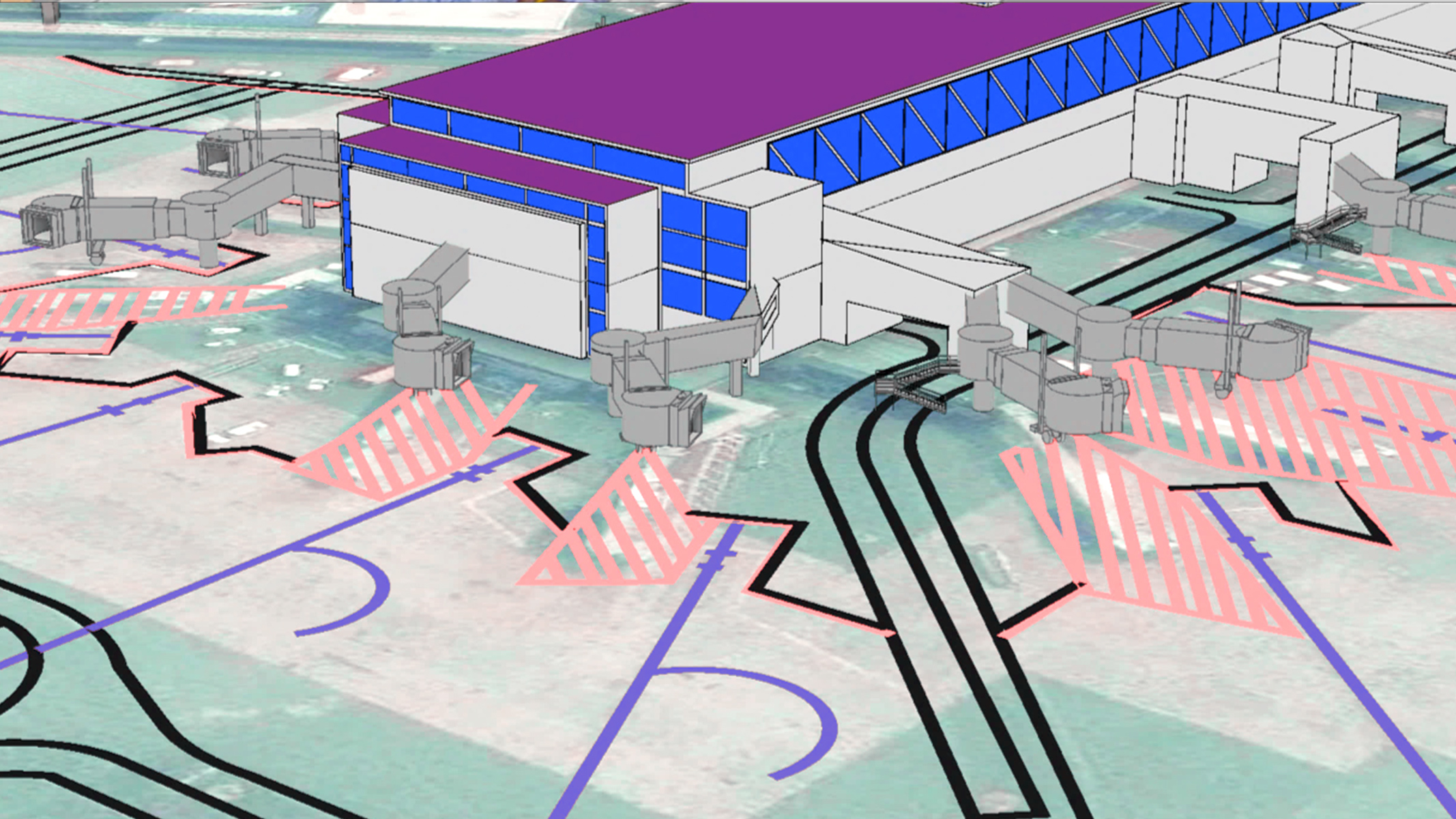 Um modelo 3D de um terminal de aeroporto e da pista ao redor. O terminal é mostrado com detalhes em roxo e azul para destacar diferentes áreas. Pontes de embarque cinzas se estendem do terminal até áreas designadas na pista, marcadas com listras rosas. Linhas pretas e azuis indicam pistas de táxi e outras marcações no solo.