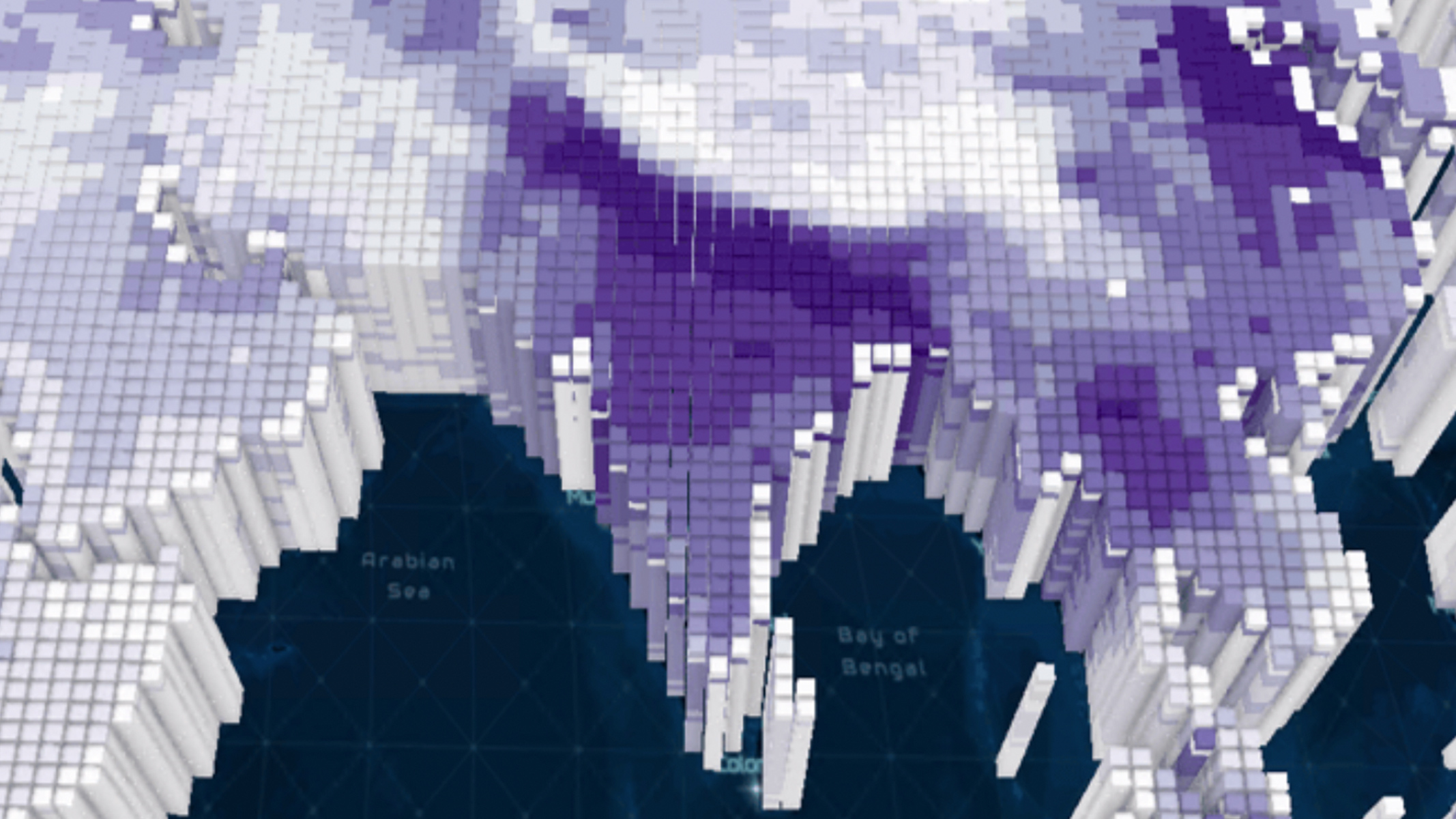 Mapa 3D da Ásia com colunas semelhantes a gráficos de barras. As colunas são sombreadas em vários tons de roxo, com o roxo mais escuro concentrado no subcontinente indiano e tons mais claros se estendendo ao norte e leste.